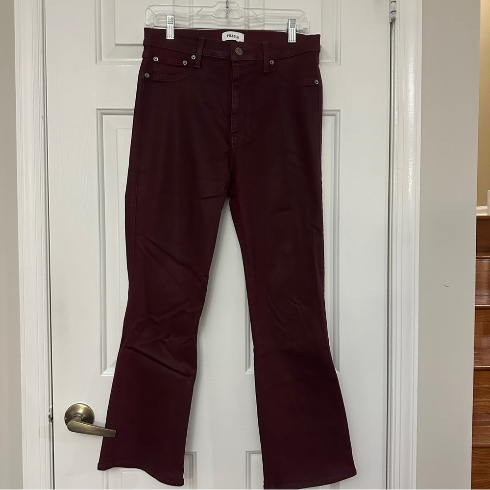 Pistola Maroon Faux Leather Stretchy Flare Jeans